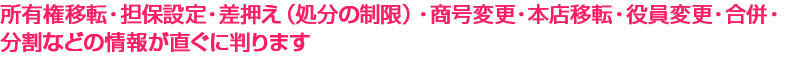 所有権移転・担保設定・差押え（処分の制限）・商号変更・本店移転・役員変更・合併・分割などの情報が直ぐに判ります